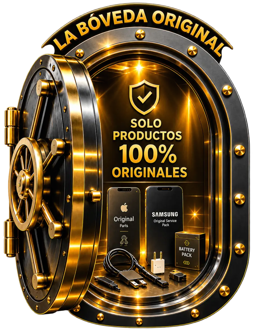 La Bóveda Original: puerta de caja fuerte abierta con repuestos originales de Apple y Samsung